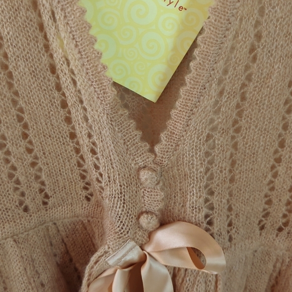 Lillie by James Coviello Blush Satin Tie Pointelle Cardigan Sweater M - Picture 10 of 13